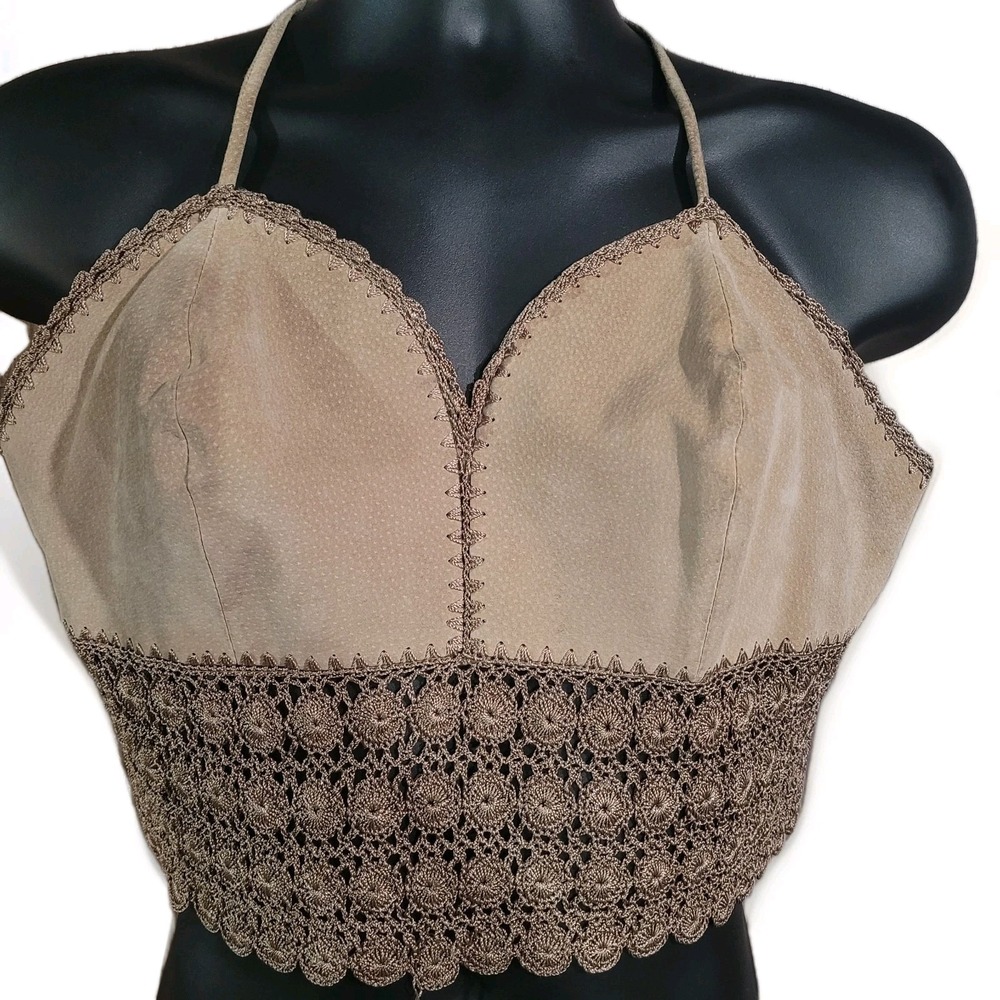 Womens Leather Halter Crop Top Sz XL Tan Crochet Cosplay Festival REPAIR NEEDED